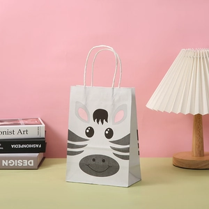 White kraft paper gift bag featuring a cute cartoon zebra face and durable rope handles