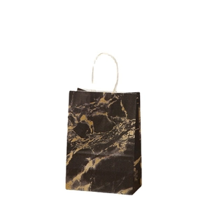 Elegant black kraft paper gift bag with golden marble pattern and white rope handles