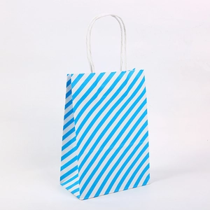 Vertical kraft paper gift bag with blue and white diagonal stripes and white rope handles