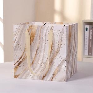 Marble Pattern Luxury Gift Paper Bag With Ribbon Handle Gold Foil Square Packaging Bag For Wedding Birthday Party Shopping