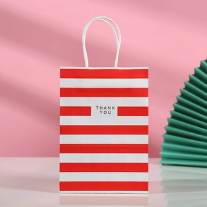Bolsa de regalo de papel kraft con rayas rojas y blancas, estampado THANK YOU y asas