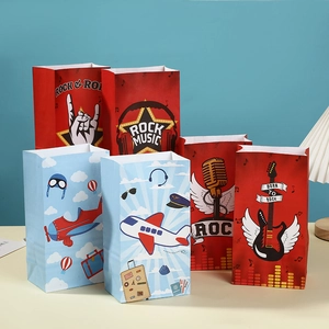 Kraft Paper Gift Bag Cartoon Rock Music Airplane Theme Party Favor Bags For Candy Snacks Birthday Gifts Red Blue Style