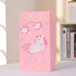 Pink unicorn and rainbow theme paper gift bag for kids birthday and party packaging