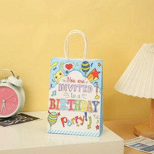 Blue kraft paper birthday gift bag with colorful balloon patterns and sturdy rope handles