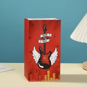 Born to Rock red kraft paper gift bag with electric guitar and music note design