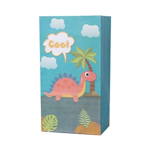 Sac cadeau en papier bleu avec dinosaure mignon, poignées et motifs de palmiers