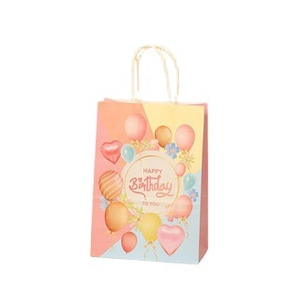 Colorful Happy Birthday kraft paper gift bag with balloons and white woven handles