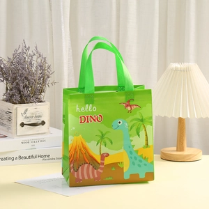 Green non-woven gift bag with cartoon dinosaur prints and hello DINO text for kids