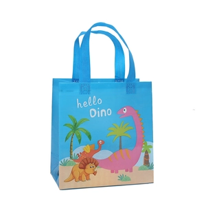 Sac cadeau bleu en non-tissé avec dinosaures de dessin animé et anses renforcées