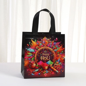 Colorful Holi festival gift bag made of black non-woven fabric with mandala pattern