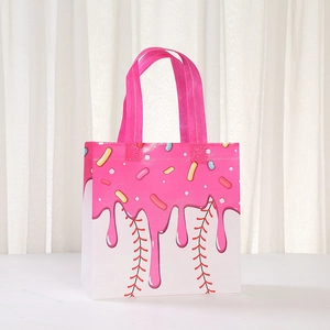 Close-up of pink melting cream pattern and baseball stitching on a non-woven gift bag