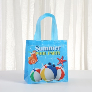 Blue Summer Pool Party non-woven tote bag with beach theme prints and wide handles