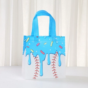 Detail of waterproof non-woven gift bag featuring baseball stitch and blue drip print