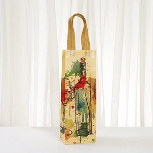 Artistic splash-printed non-woven wine gift bag with sturdy golden handles for single bottle