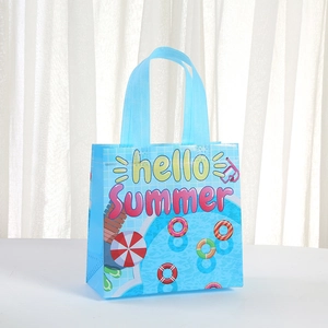 Light blue non-woven tote bag with hello summer pool print for gift and beach shopping