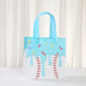 Detail of ice cream themed non-woven gift bag with blue melting texture and baseball stitching