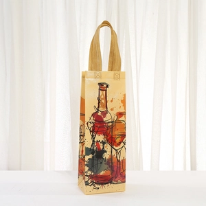 Ginger yellow non-woven wine gift bag with artistic bottle print and sturdy handles
