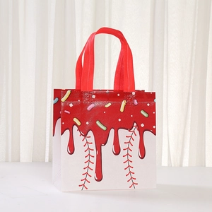 Detail of ice cream and baseball print non-woven gift bag with durable red handles