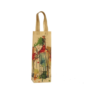 Elegant non-woven wine gift bag with colorful artistic print and gold handles