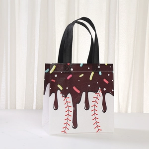 Detail of ice cream themed non-woven gift bag showing chocolate drip print and stitches