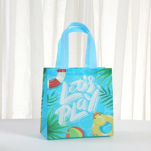 Blue summer pool themed non-woven gift bag with LET'S PLAY print and top handles