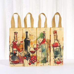 Set of four non-woven wine gift bags with artistic watercolor wine and grape patterns