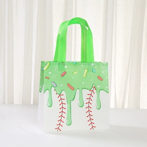 Ice cream print non-woven gift bag with green fluid pattern and baseball stitching elements