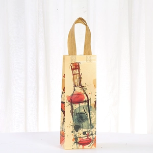 Waterproof non-woven wine gift bag with watercolor bottle print and gold handles