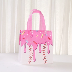 Waterproof non-woven tote bag with pink ice cream drip print and red baseball stitching