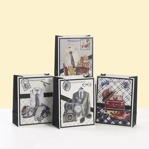 Vintage Gentleman White Cardboard Gift Bag For Father Day Birthday Business Present Wrapping Handbag With Handle And Retro Print
