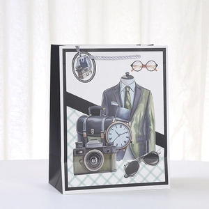 Business style paper gift bag with vintage men accessories print and silver handles