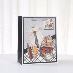 Detail of paper gift bag with vintage suit and accessories print for Father's Day