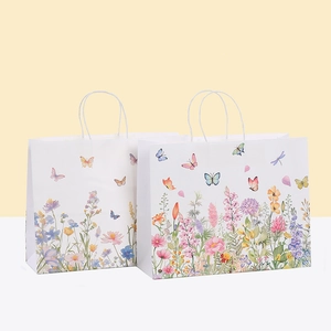 Aquarell Floral Kraftpapier Geschenktüte Mit Griff Schmetterling Botanischer Druck Verpackungsbeutel Für Hochzeit Geburtstag Party