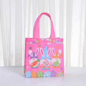 Pink non-woven gift bag featuring cartoon Easter gnomes and colorful eggs design
