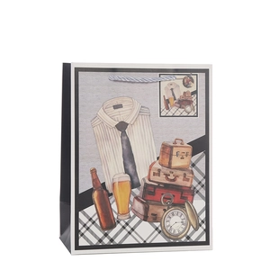 Father's Day gift bag with suit and tie illustration and silver woven handles