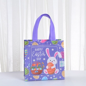 Purple non-woven Easter gift bag featuring cartoon rabbits and colorful eggs pattern