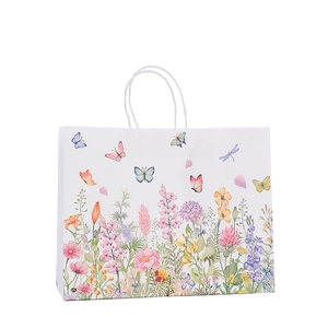 Florale Geschenktüte aus Papier mit Schmetterlingsdruck und weißen Seilgriffen