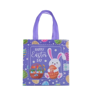 Purple Happy Easter non-woven gift bag featuring cartoon bunny and colorful eggs