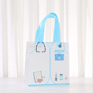 Laminated non-woven doctor gift bag with medical icons and blue handles for party favors