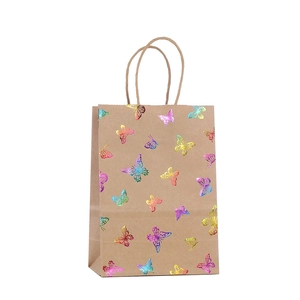 Sac cadeau en papier kraft marron avec papillons laser colorés et anses de transport