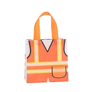 Orange non-woven shopping gift bag with high-visibility safety vest pattern and handles
