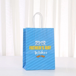 Blue Father's Day gift bag with stripes, glasses, and mustache design on paper bag