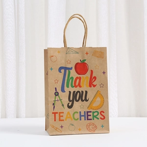 Detail of kraft paper gift bag with 'Thank you TEACHERS' print and school icons