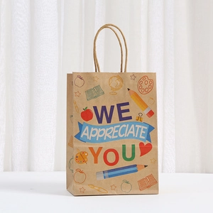 Teacher gift kraft paper bag with WE APPRECIATE YOU print and school icons