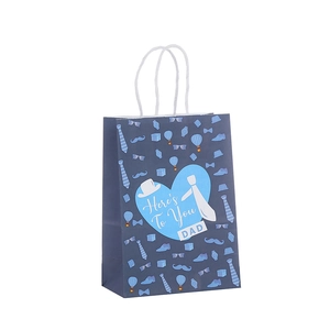 Blue Father's Day gift bag with handle featuring patterns like ties and glasses for dad