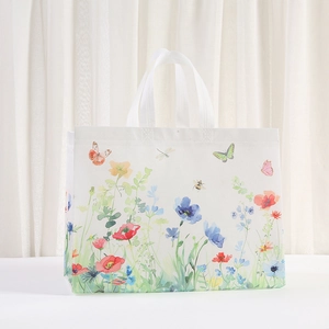 Floral watercolor non-woven shopping tote bag with butterfly print and large capacity