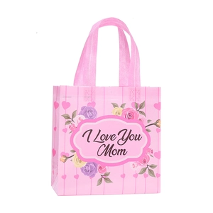 Sacchetto regalo rosa a righe per la festa della mamma con fiori e scritta I Love You Mom