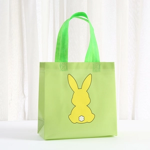 Light green reusable non-woven shopping bag featuring a cute yellow bunny silhouette