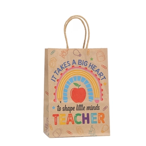 Cartoon rainbow kraft paper gift bag for teachers with colorful school elements icons