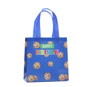 Foldable non-woven birthday gift bag with blue HAPPY BIRTHDAY and cookie print